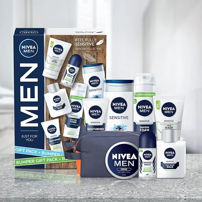 NIVEA MEN Feel Fully Sensitive Skincare Collection Bumper Gift Pack, with Shower Gel, Anti-Perspirant, Face Wash Balm and Moisturizer