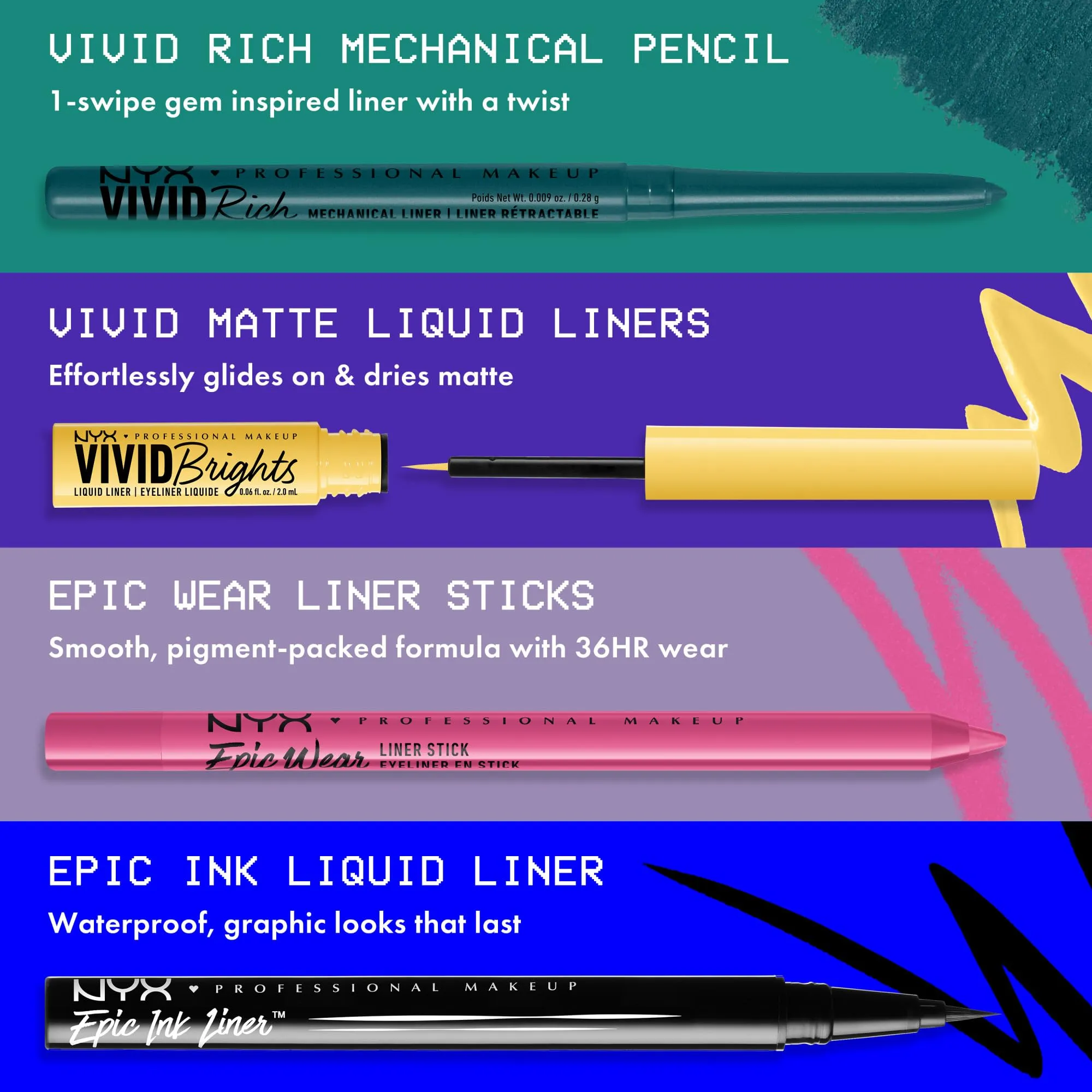 NYX PROFESSIONAL MAKEUP, Vivid Rich Mechanical Pencil, Eyeliner, Rich shades, Vegan Formula - Amber Stunner (Gold)