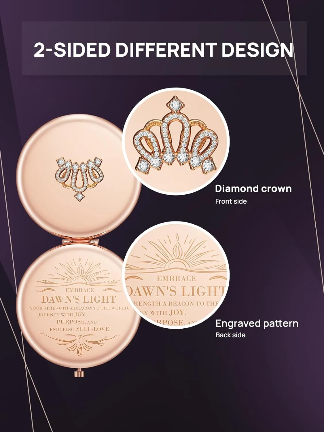 OMIRO 1X/10X Magnifying Compact Mirror, Small Crown Engraved Pocket Makeup Mirror Gift for Her Women Mom(Rose Gold)