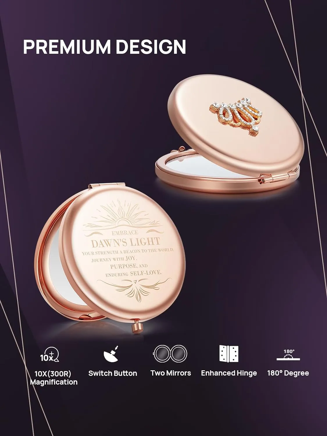 OMIRO 1X/10X Magnifying Compact Mirror, Small Crown Engraved Pocket Makeup Mirror Gift for Her Women Mom(Rose Gold)