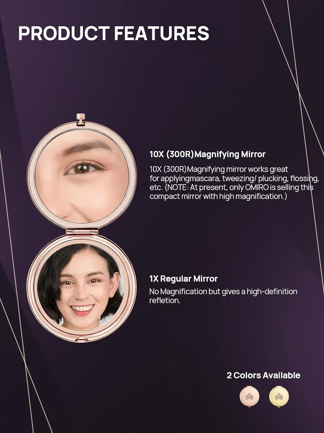 OMIRO 1X/10X Magnifying Compact Mirror, Small Crown Engraved Pocket Makeup Mirror Gift for Her Women Mom(Rose Gold)