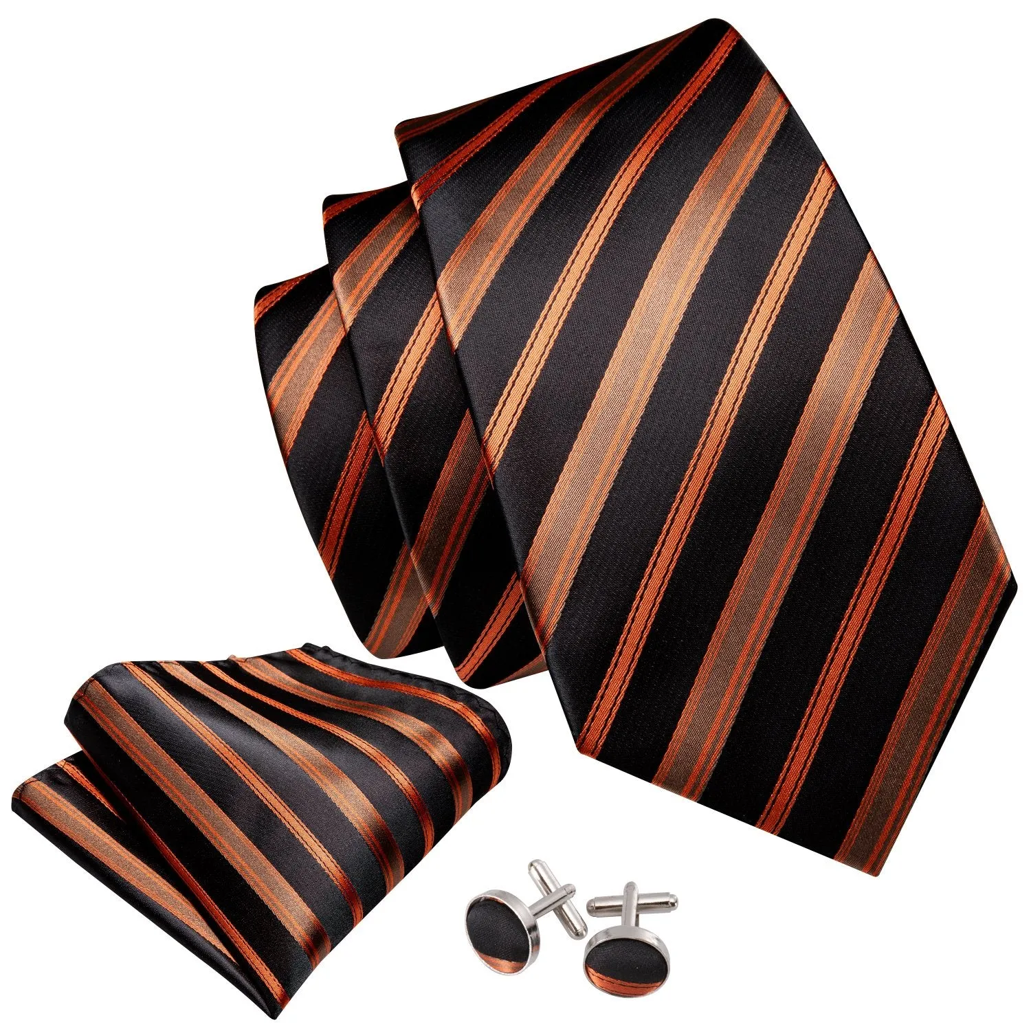 Orange Black Striped Necktie Alloy Lapel Pin Brooch Pocket Square Cufflinks Gift Box Set
