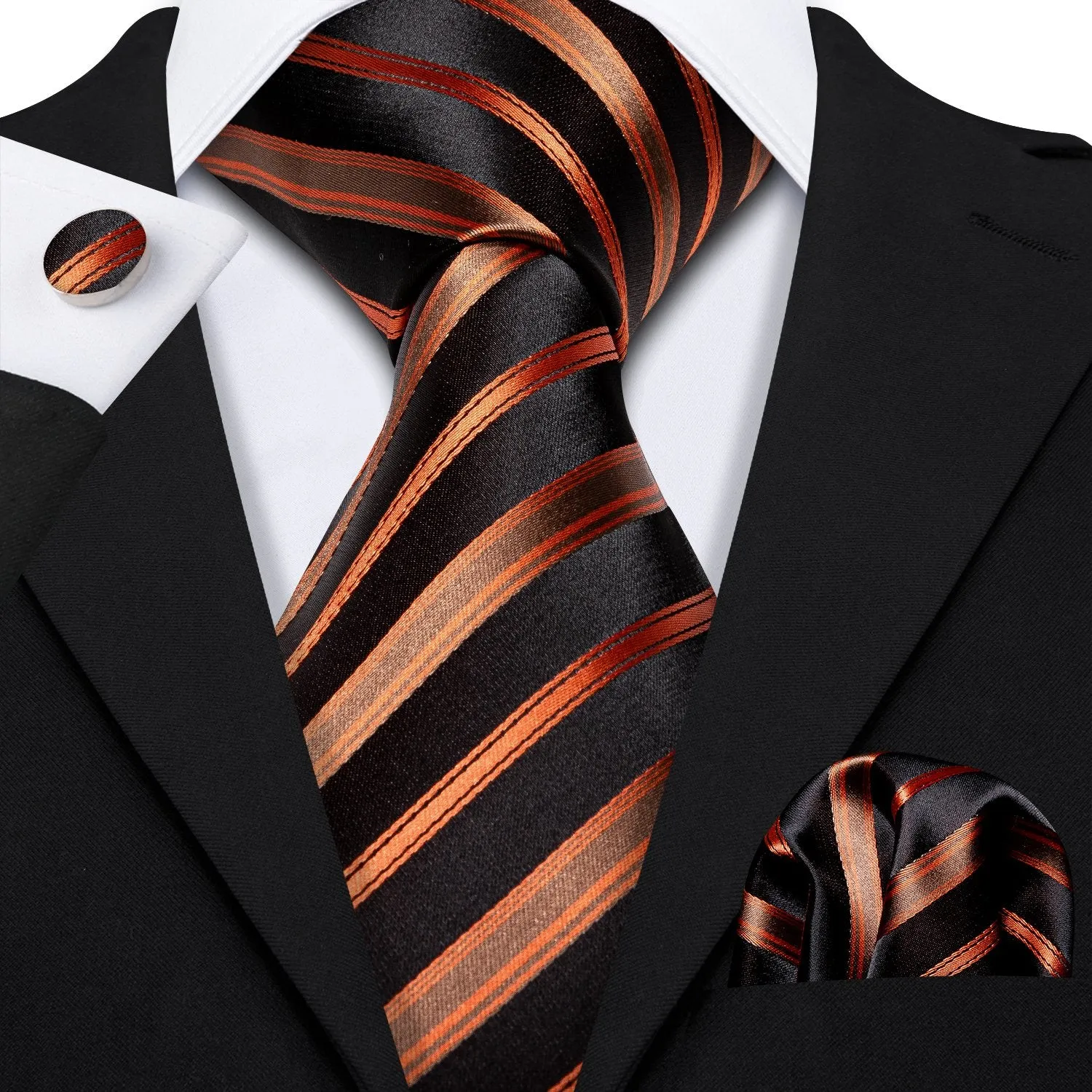 Orange Black Striped Necktie Alloy Lapel Pin Brooch Pocket Square Cufflinks Gift Box Set