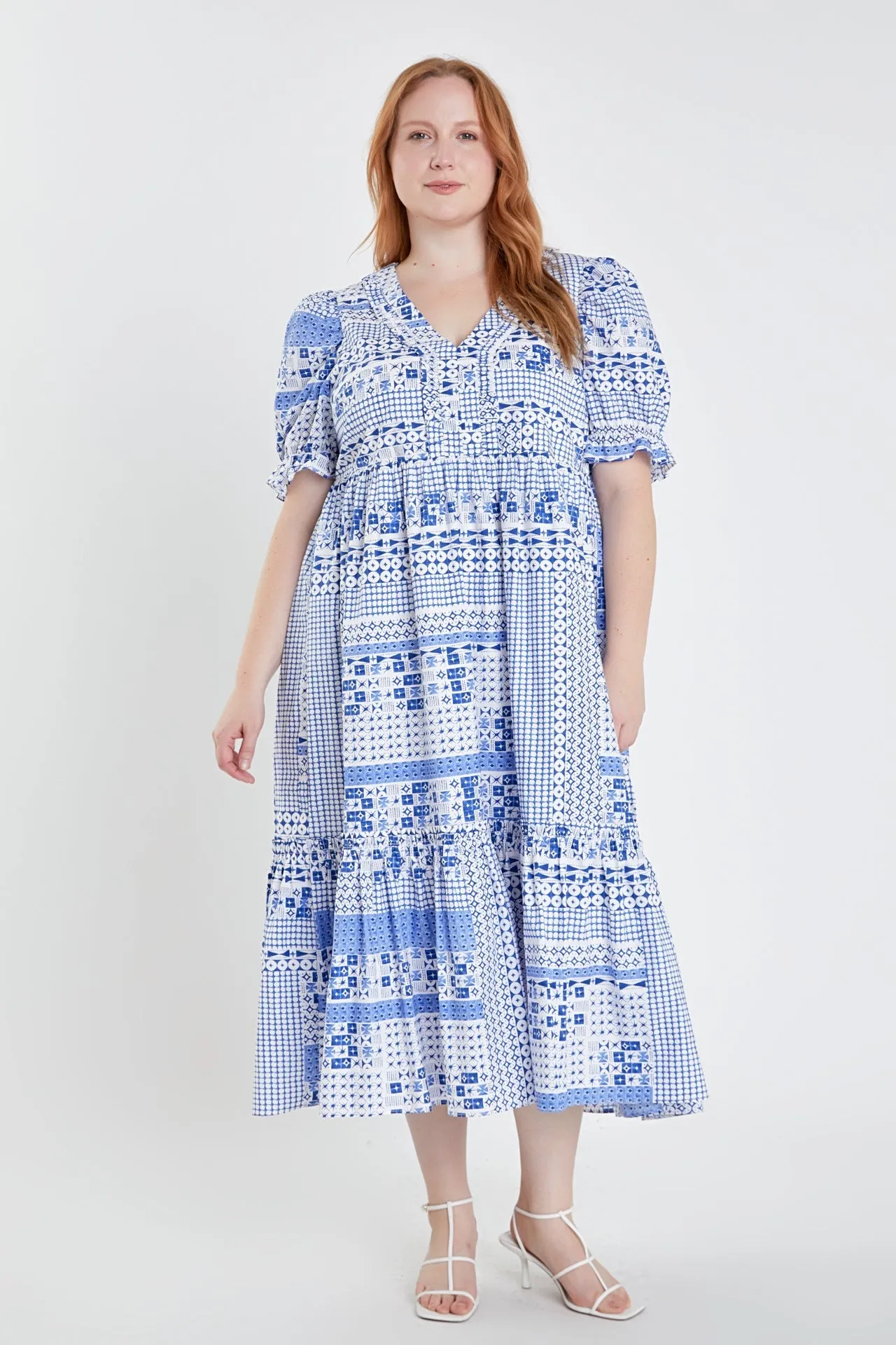Plus Size Geometric Print Tiered Midi Dress