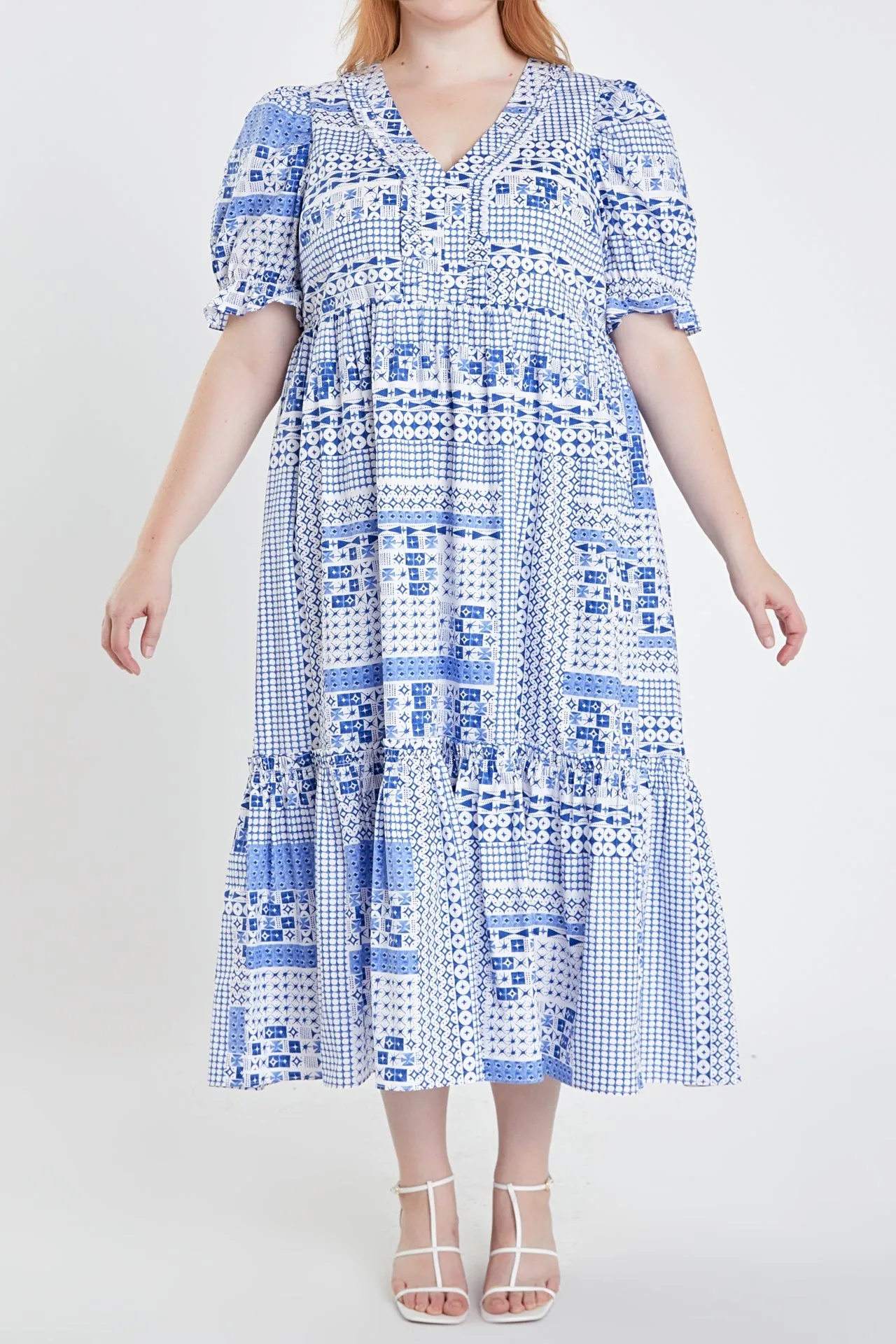 Plus Size Geometric Print Tiered Midi Dress