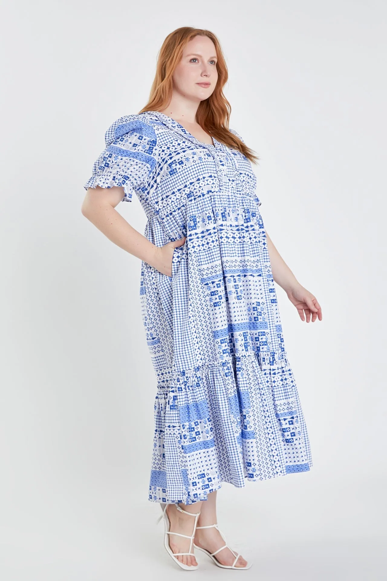 Plus Size Geometric Print Tiered Midi Dress