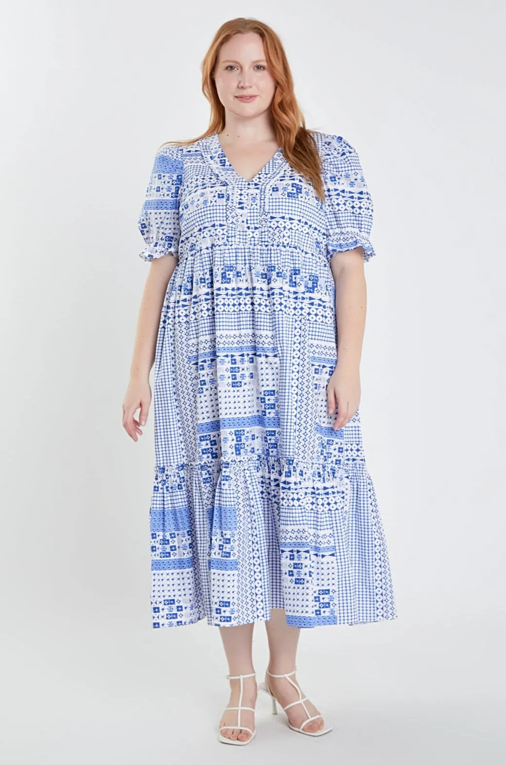 Plus Size Geometric Print Tiered Midi Dress