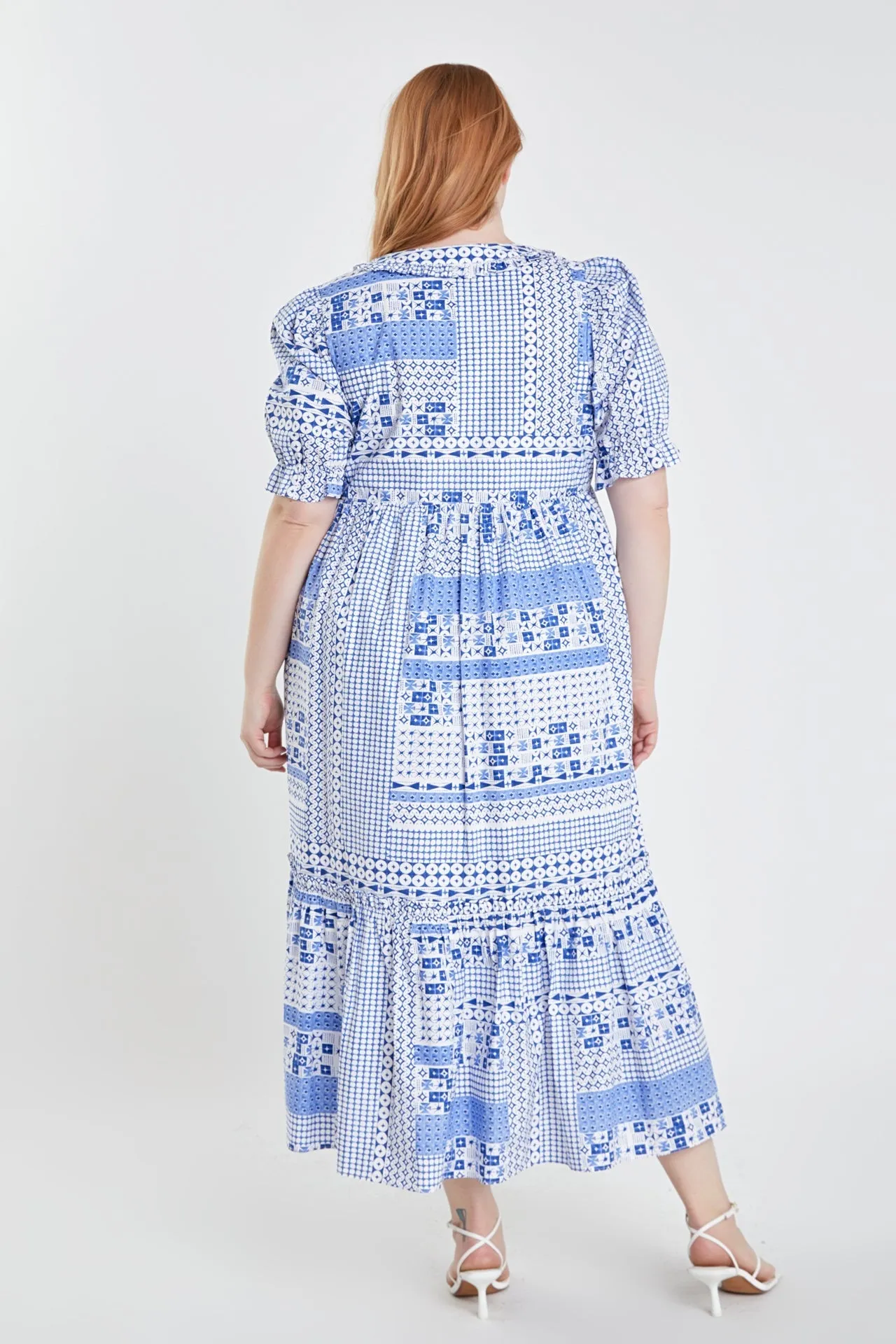 Plus Size Geometric Print Tiered Midi Dress