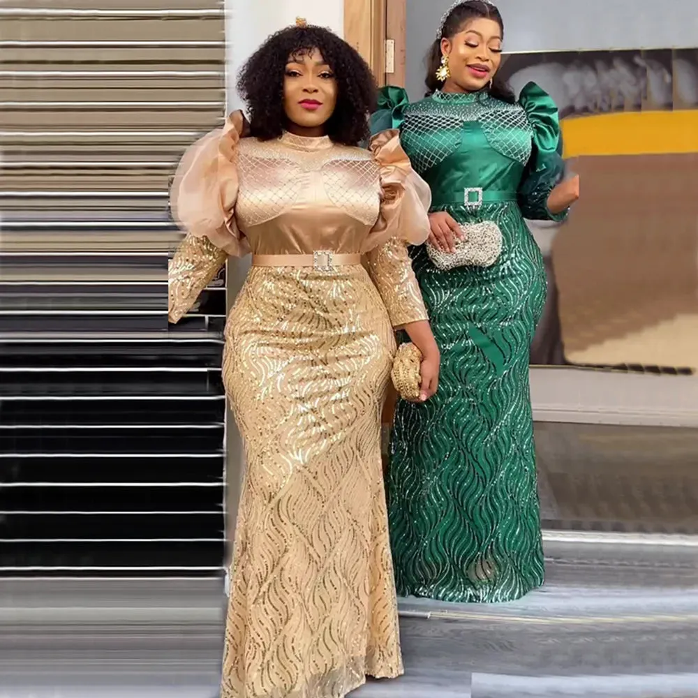 Plus Size Luxury Sequin Evening Party Long Dresses - Ballow Puff Dress