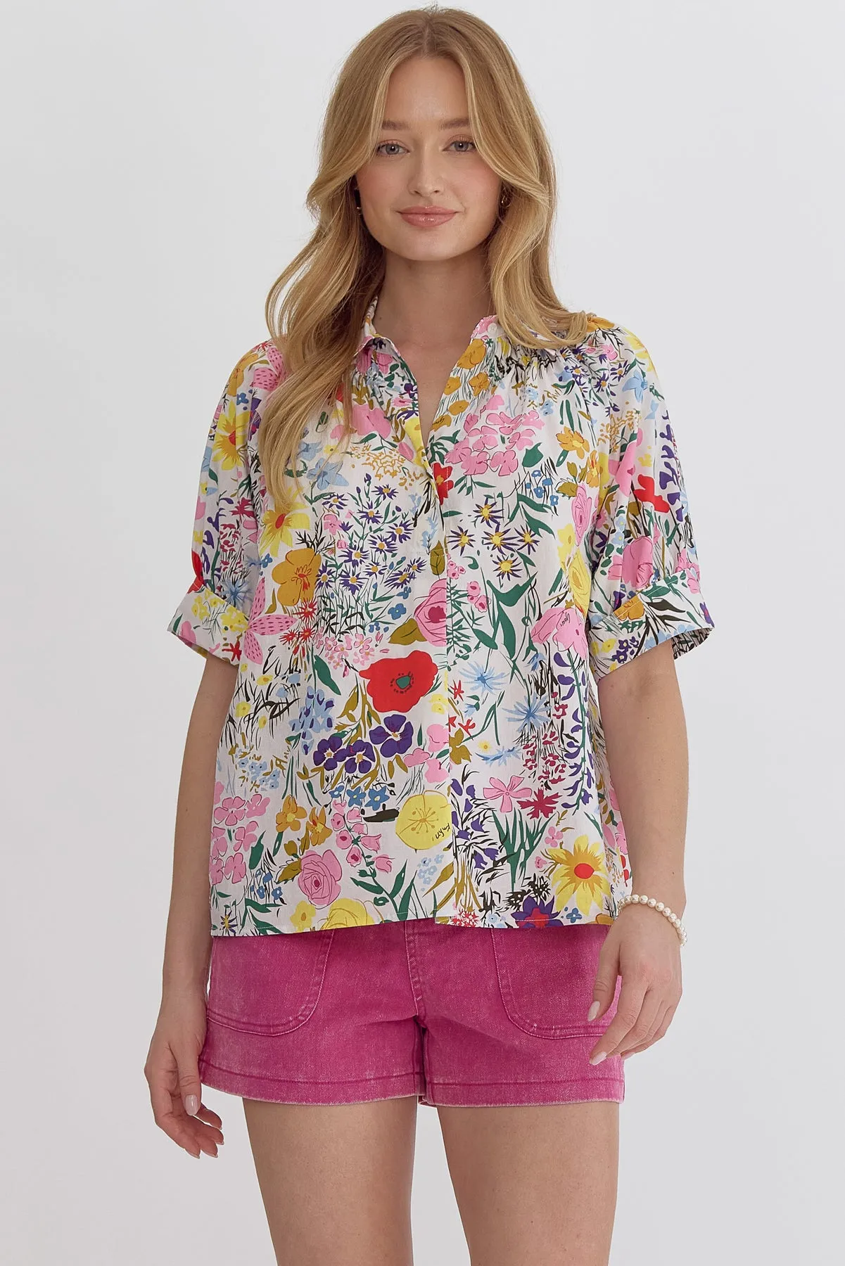 Puff sleeve floral collared top