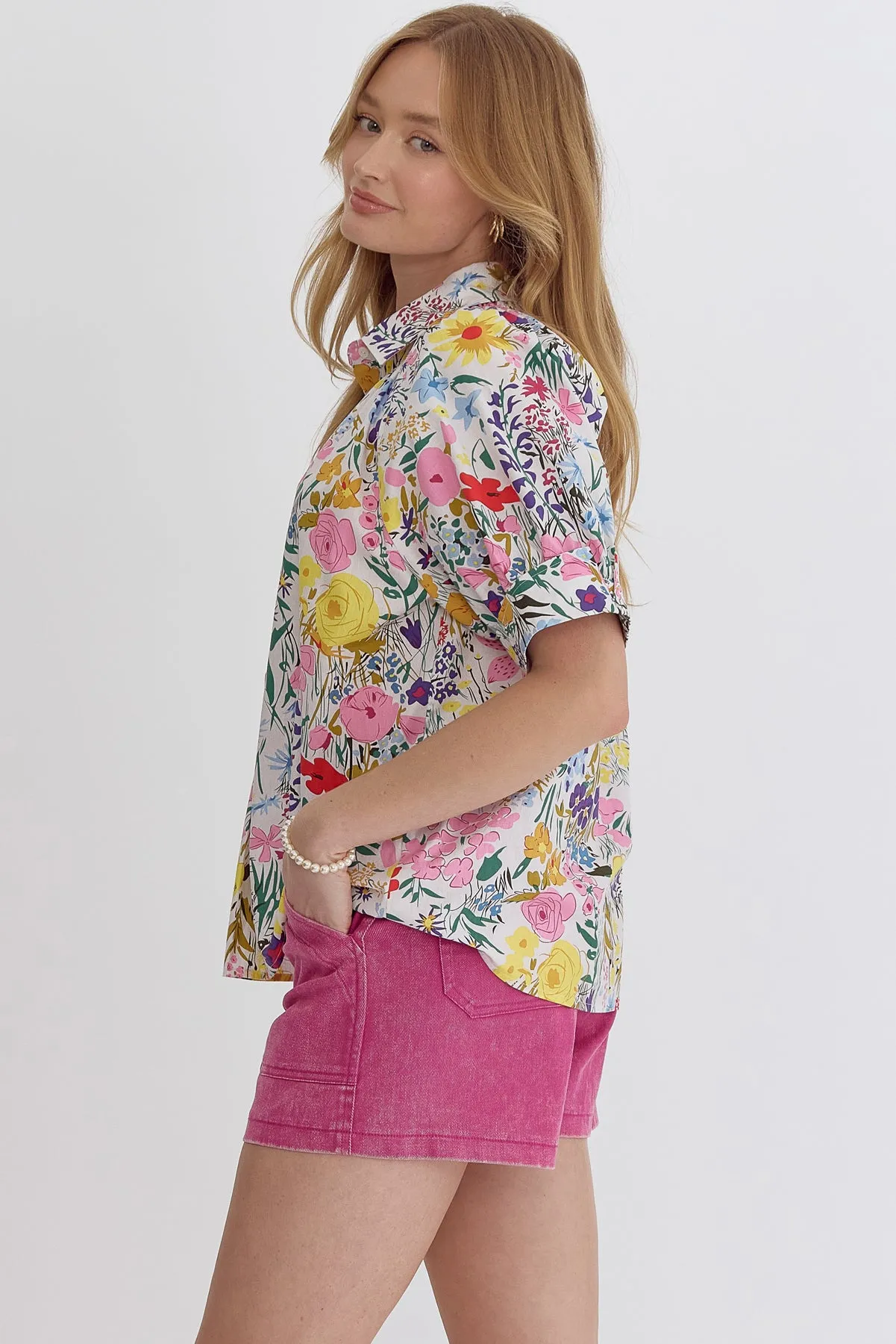 Puff sleeve floral collared top