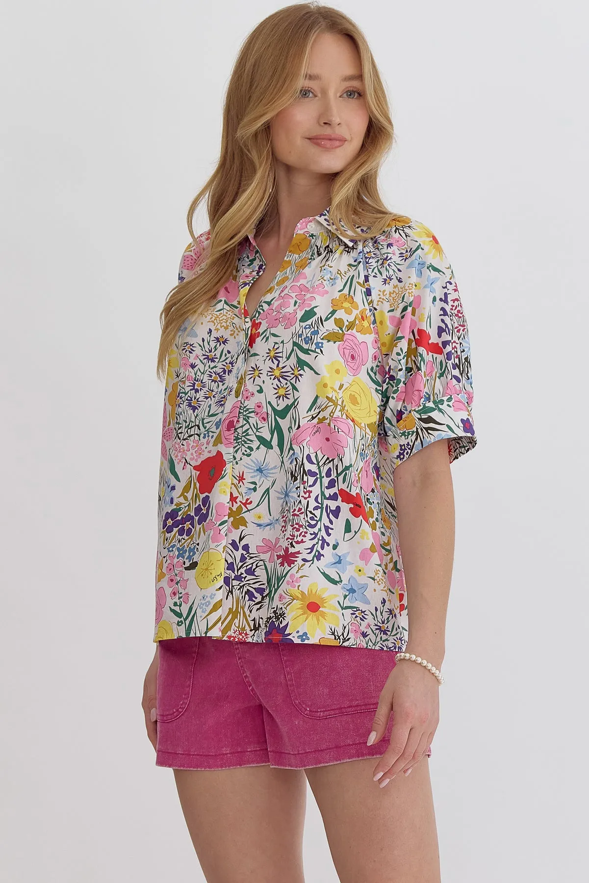 Puff sleeve floral collared top