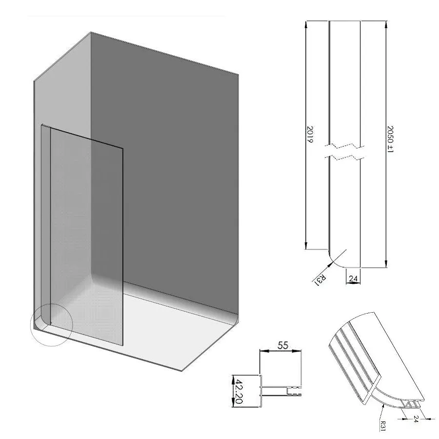 Roman Vinyl Floor Contour Bolster Profile Kit for 8mm Shower Screens