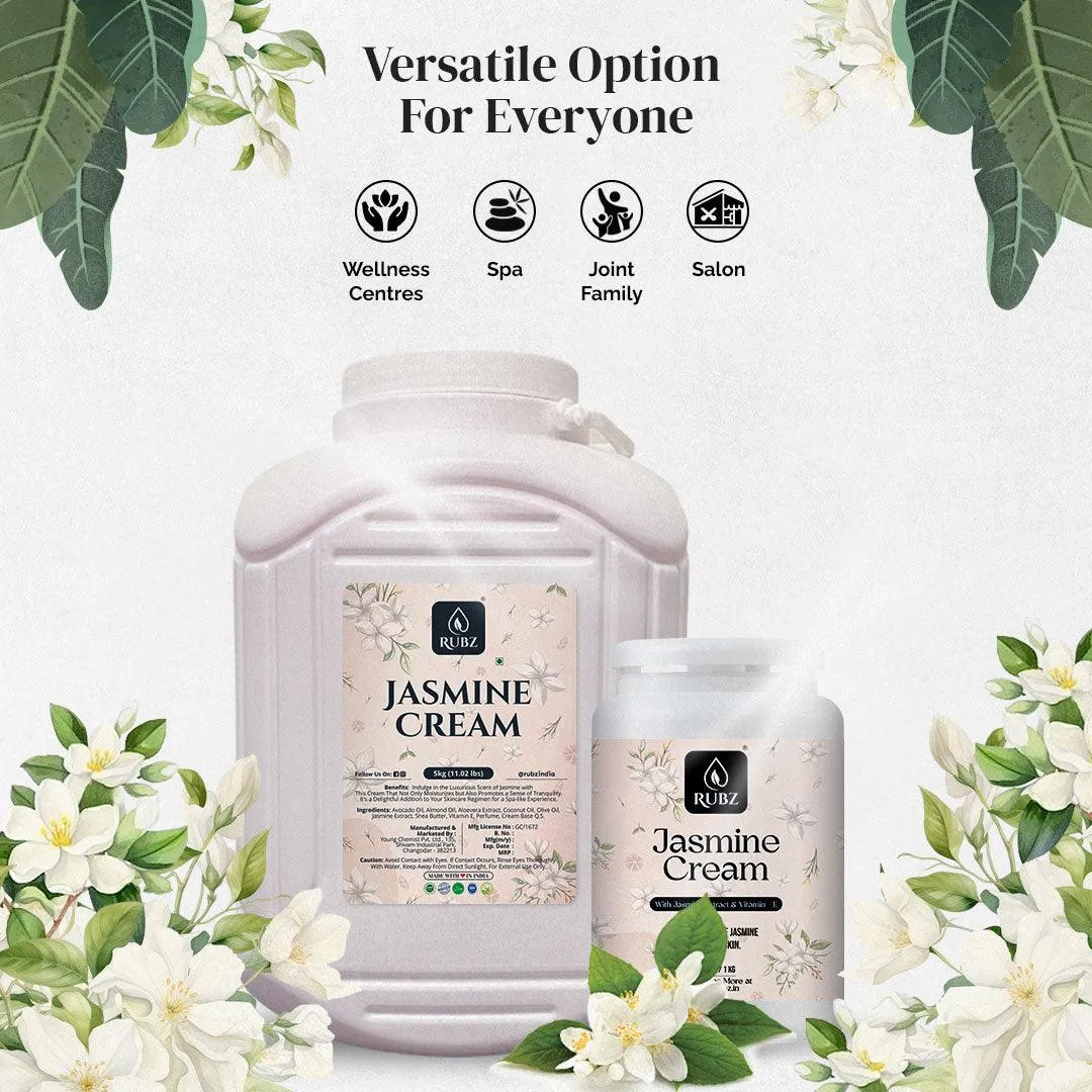 Rubz Jasmine Cream 5kg with 200gm Refillable Jar| Enriched with Jasmine Extract & Vitamin E | Deep Moisturizing with Instant Hydration | Best for Spa, Hotel, Salon, Family| 5 Kg