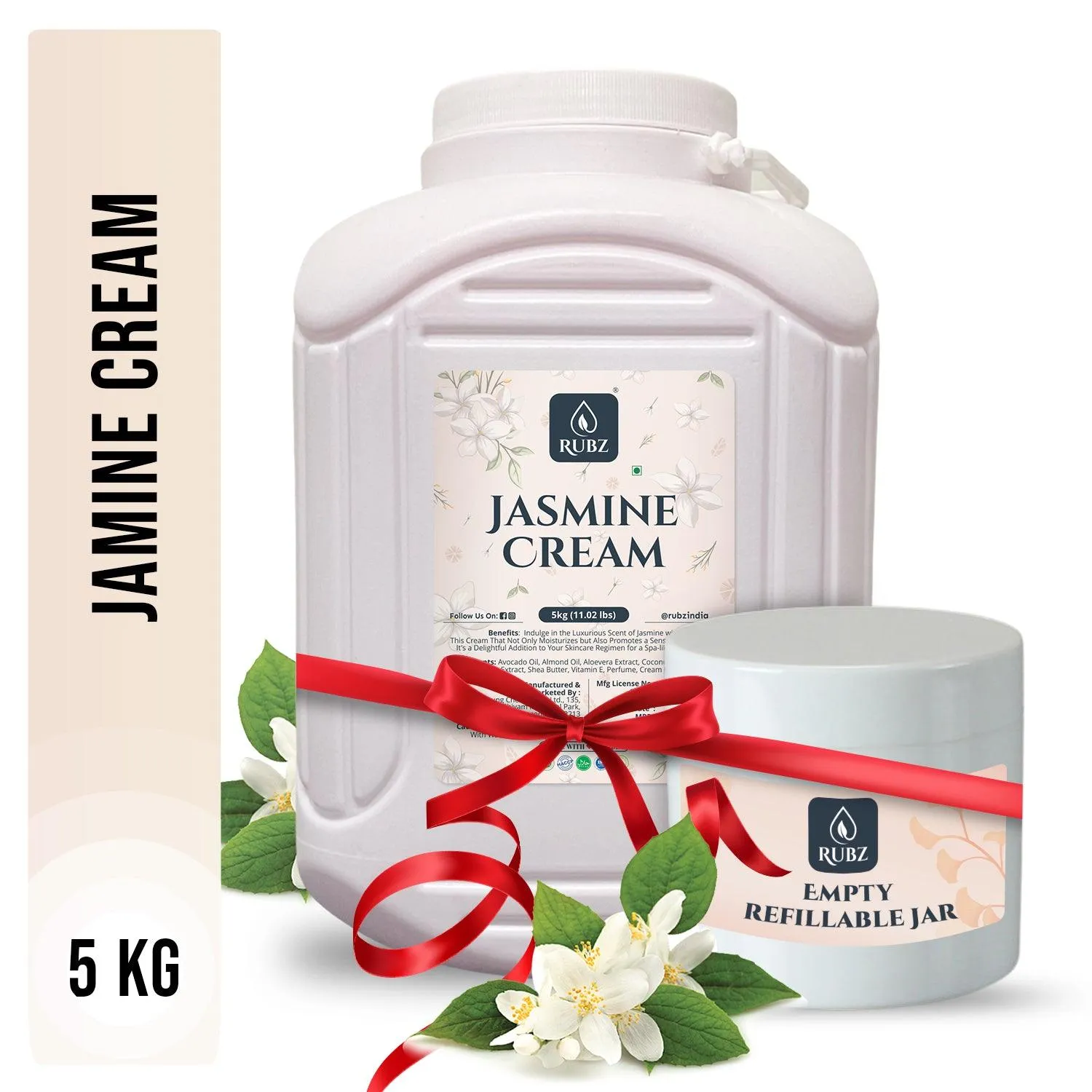 Rubz Jasmine Cream 5kg with 200gm Refillable Jar| Enriched with Jasmine Extract & Vitamin E | Deep Moisturizing with Instant Hydration | Best for Spa, Hotel, Salon, Family| 5 Kg