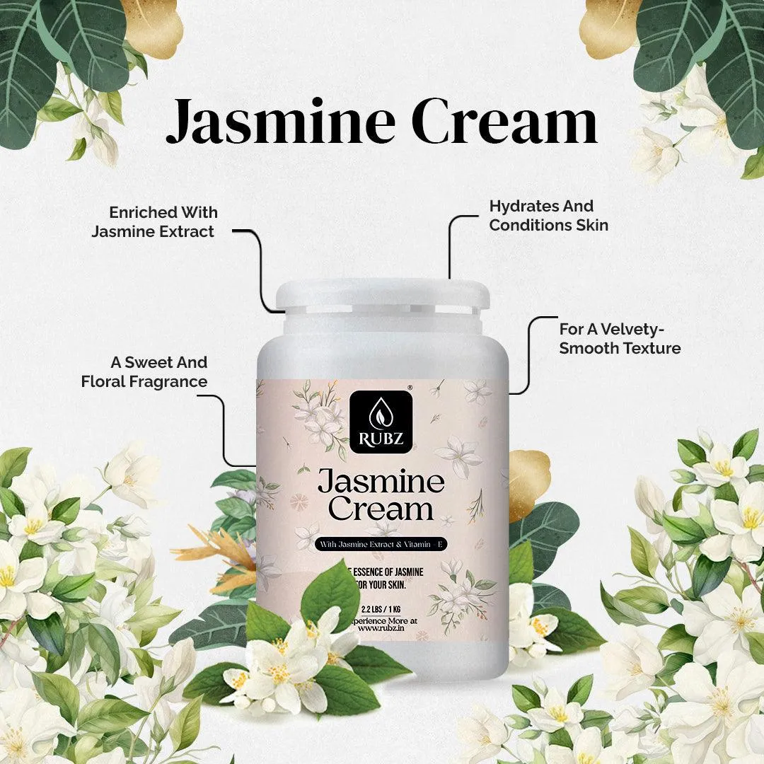 Rubz Jasmine Cream 5kg with 200gm Refillable Jar| Enriched with Jasmine Extract & Vitamin E | Deep Moisturizing with Instant Hydration | Best for Spa, Hotel, Salon, Family| 5 Kg