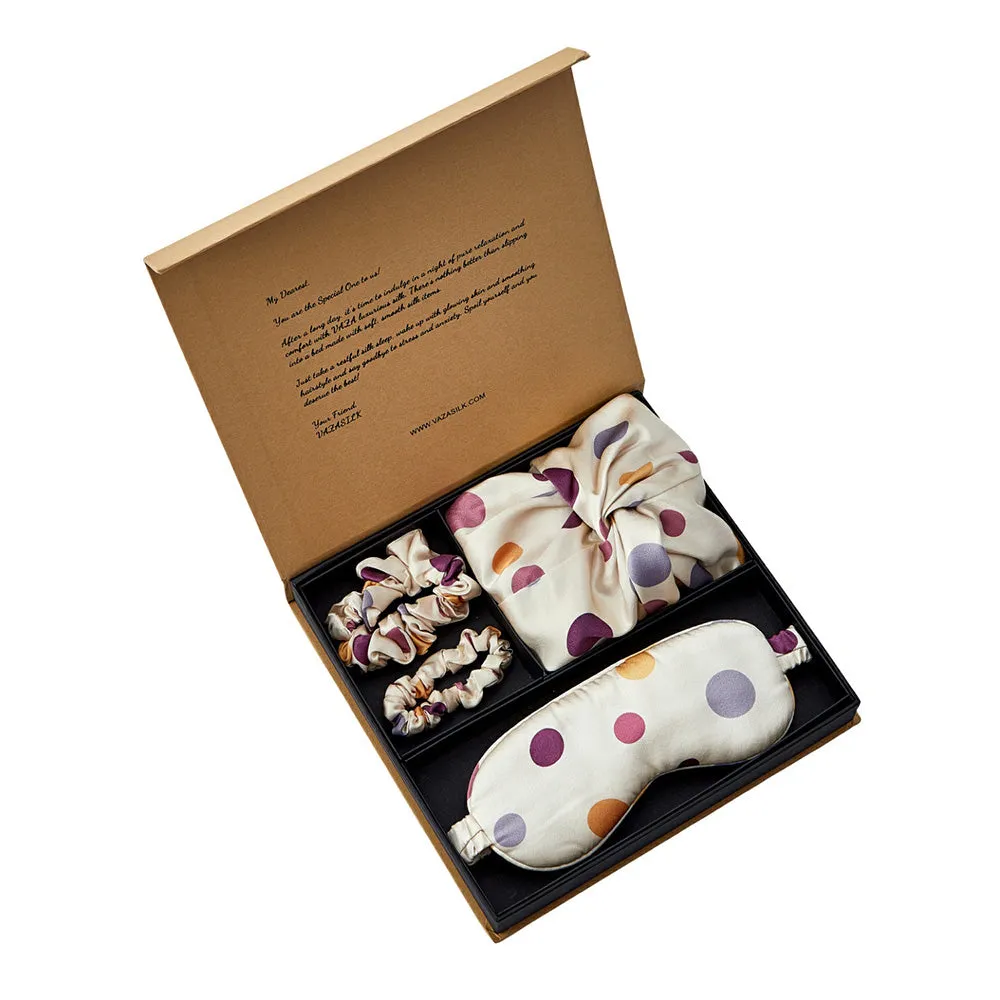 Silk Bonnet with Eye Mask Gift Set- Purple Polka Dots