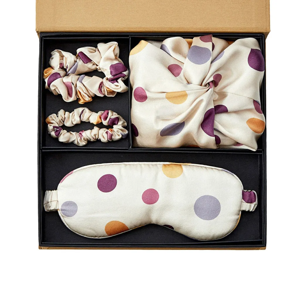 Silk Bonnet with Eye Mask Gift Set- Purple Polka Dots