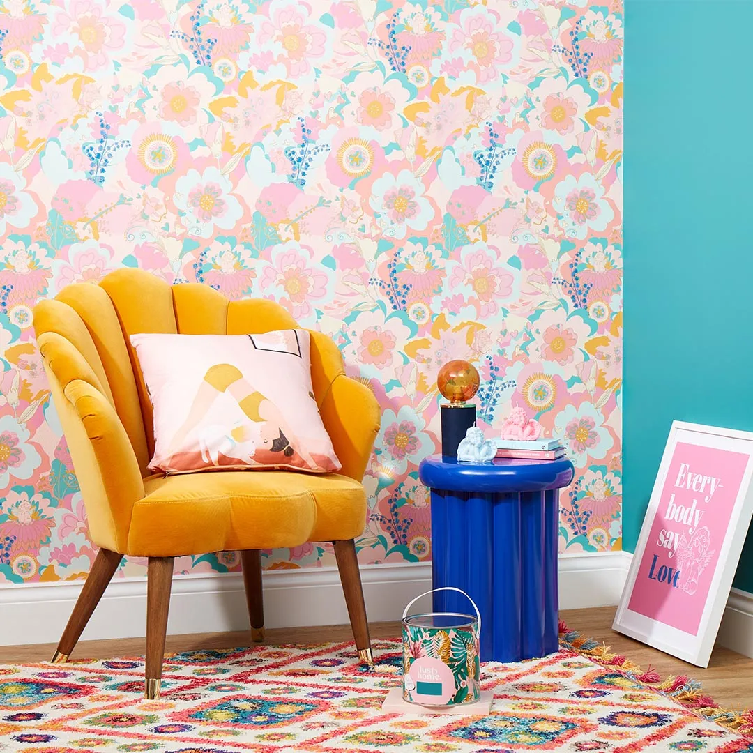 Stupid Cupid Wallpaper in Mint Green, Carnation Pinks and Apricot