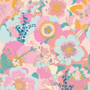 Stupid Cupid Wallpaper in Mint Green, Carnation Pinks and Apricot