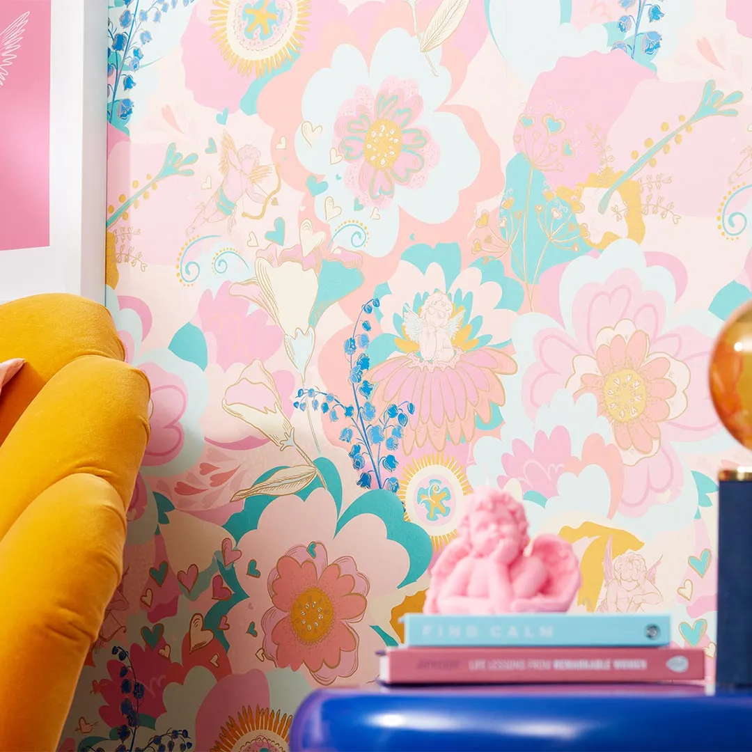 Stupid Cupid Wallpaper in Mint Green, Carnation Pinks and Apricot
