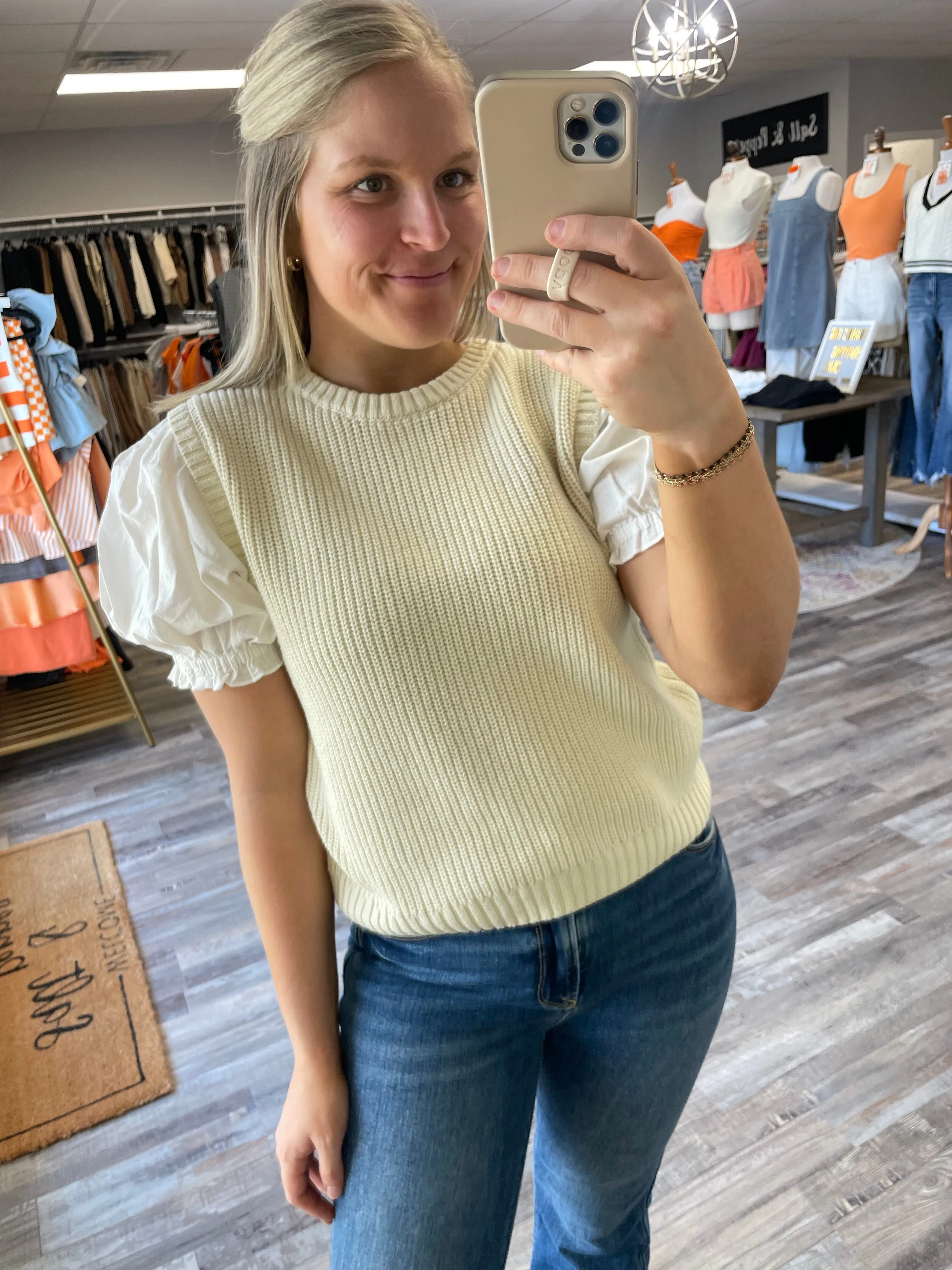 Twofer Puff Sleeve Sweater Blouse - Taupe/Ivory