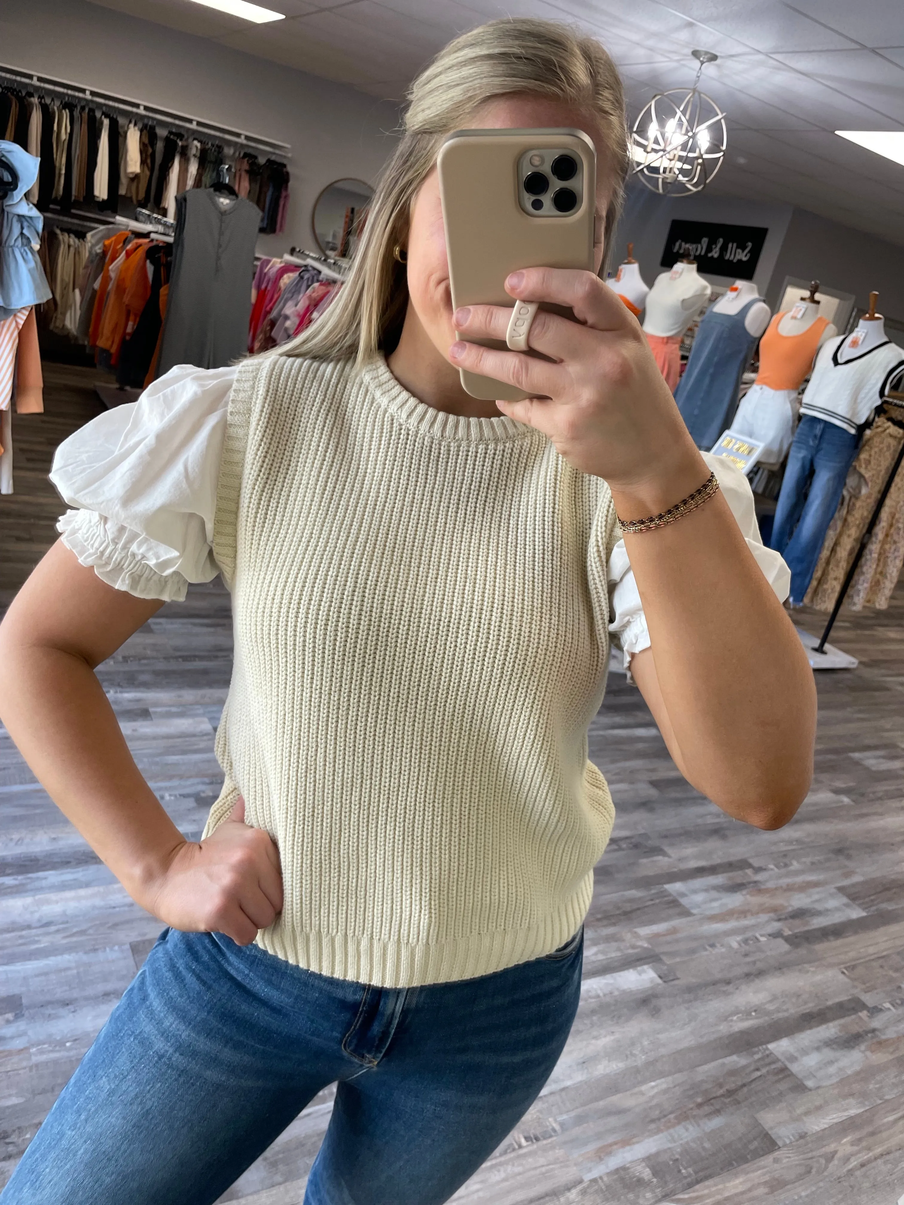 Twofer Puff Sleeve Sweater Blouse - Taupe/Ivory