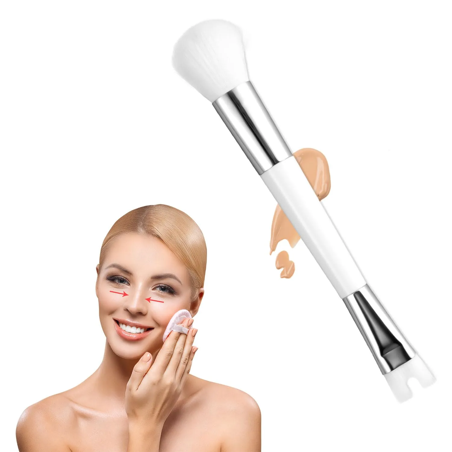 U Shaped Dual End Nose Contour Brush, Synthetic Fibers, White, For Contour, For Face Blending