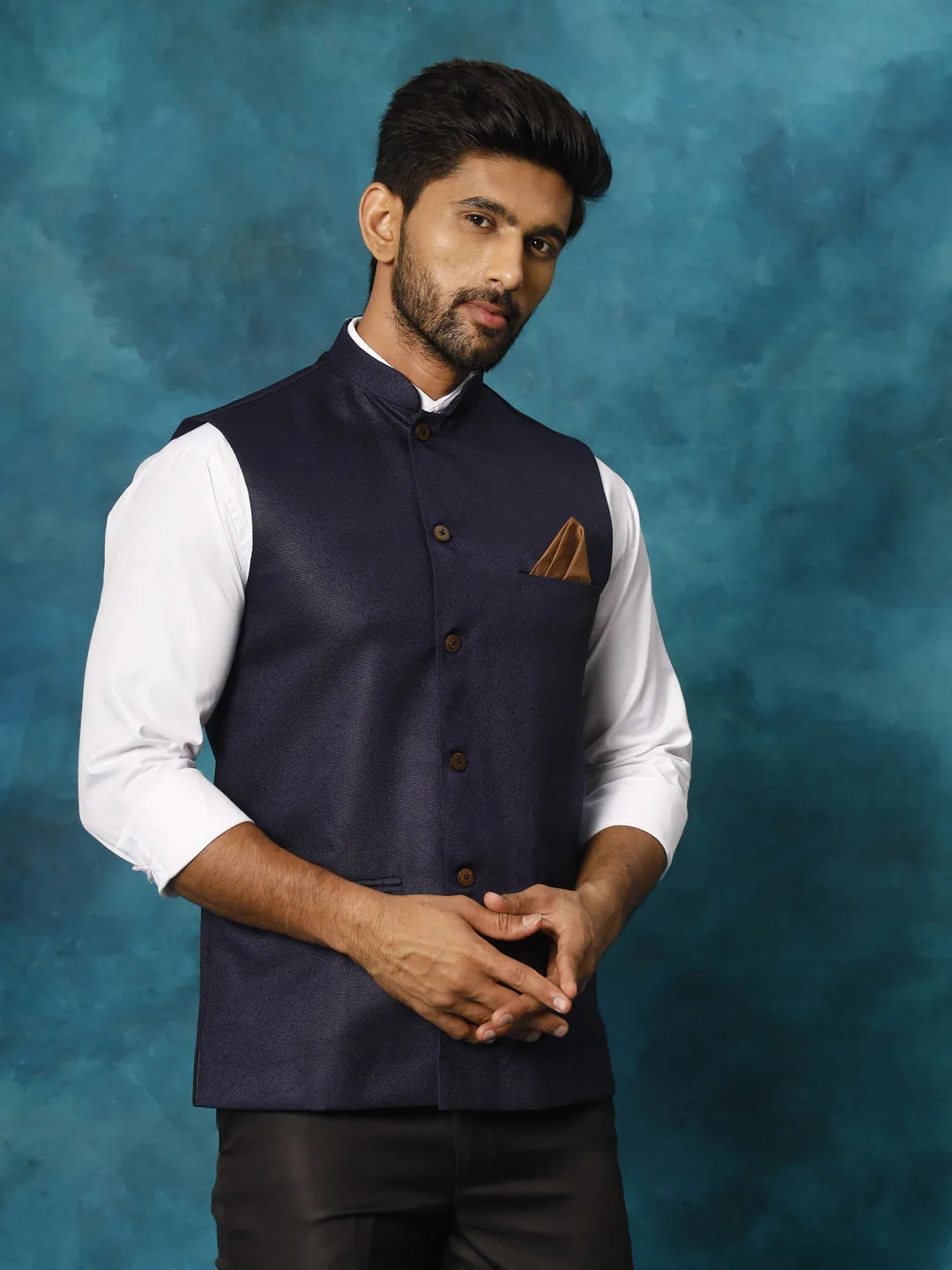 VASTRAMAY Navy Blue Woven Nehru Jacket