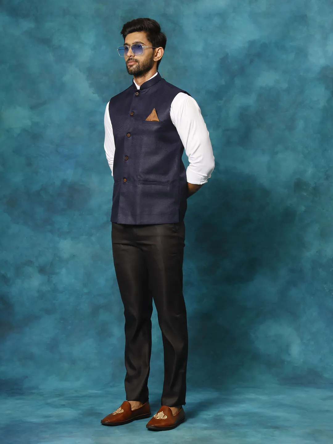VASTRAMAY Navy Blue Woven Nehru Jacket
