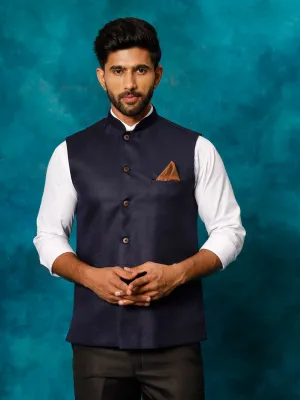 VASTRAMAY Navy Blue Woven Nehru Jacket