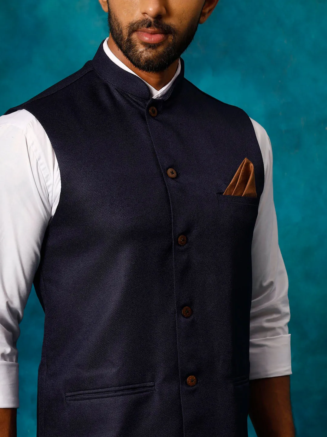 VASTRAMAY Navy Blue Woven Nehru Jacket