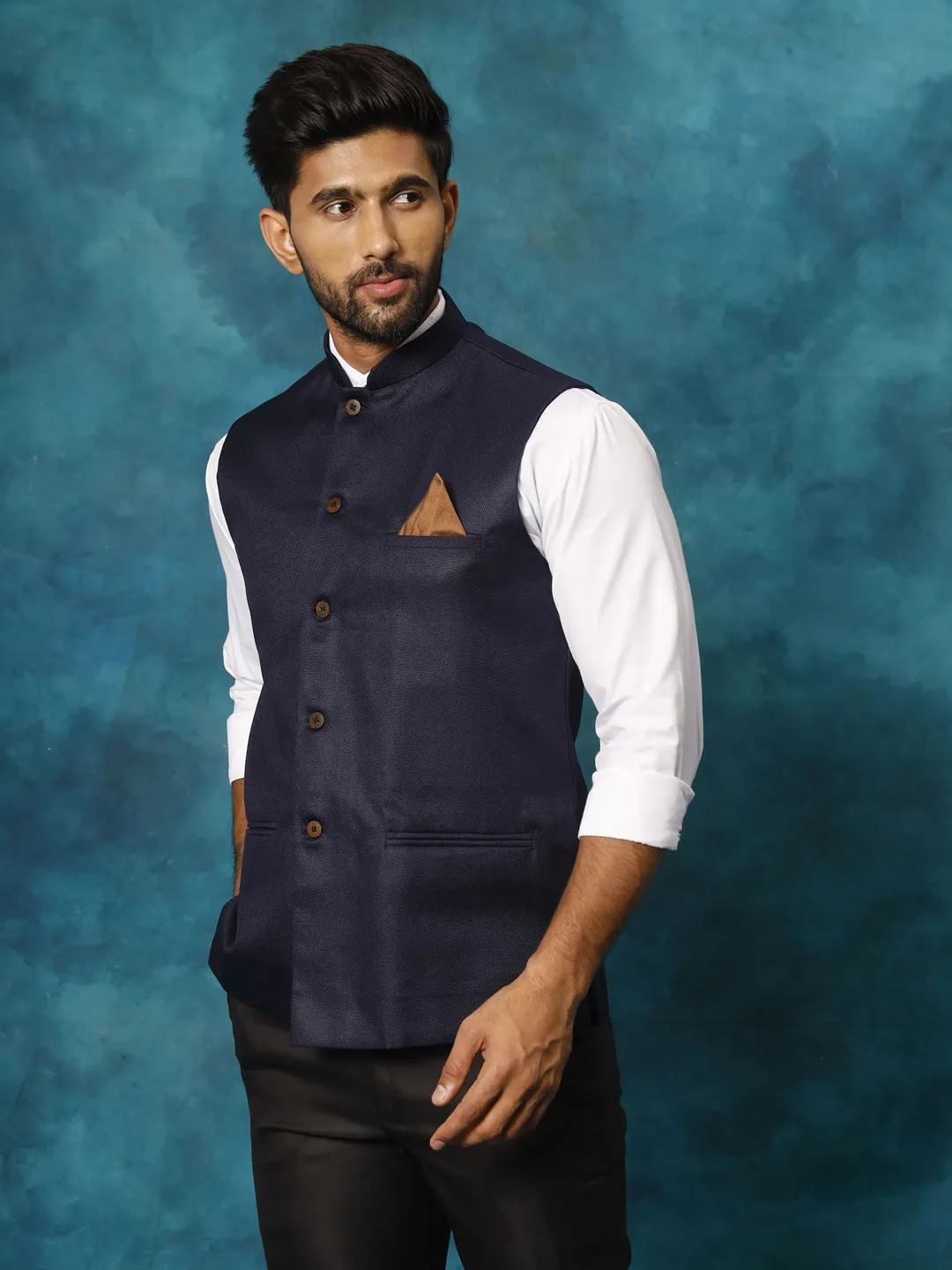 VASTRAMAY Navy Blue Woven Nehru Jacket