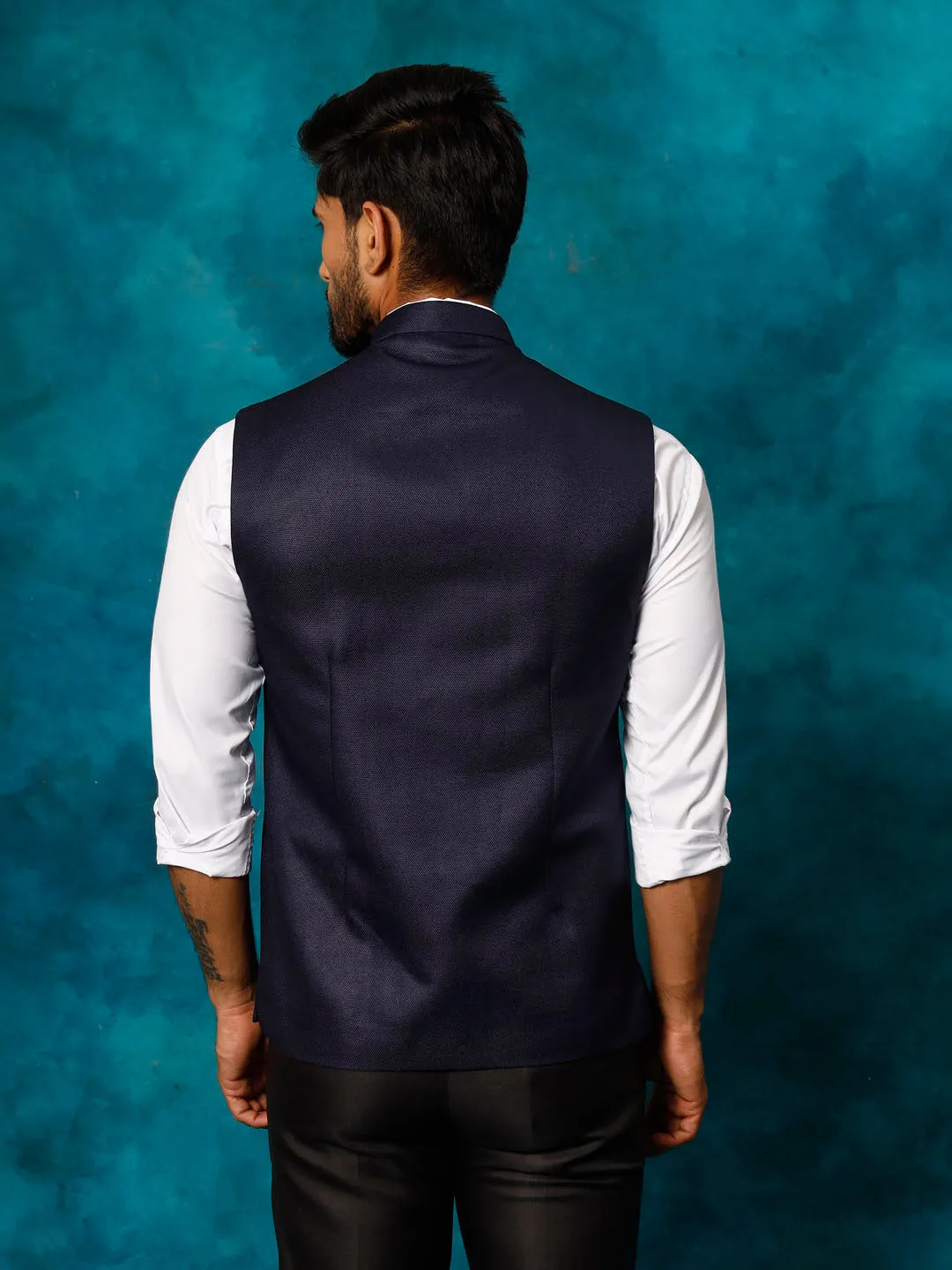 VASTRAMAY Navy Blue Woven Nehru Jacket