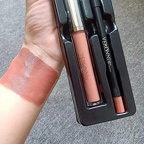 VERONNI Matte Lipstick and Lip Liner Set Waterproof Lip Liner Pencil Long Lasting Lip Gloss Set Liquid Lip Makeup (#06)
