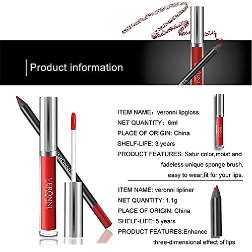 VERONNI Matte Lipstick and Lip Liner Set Waterproof Lip Liner Pencil Long Lasting Lip Gloss Set Liquid Lip Makeup (#06)
