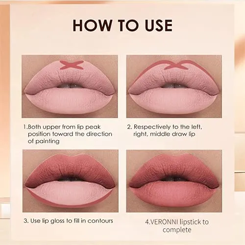 VERONNI Matte Lipstick and Lip Liner Set Waterproof Lip Liner Pencil Long Lasting Lip Gloss Set Liquid Lip Makeup (#06)
