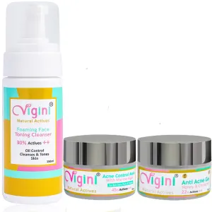 Vigini Natural Anti Acne Face Gel 50g & Foaming Toning Cleansing Wash 150ml & Marine Algae Clay Mask 50g