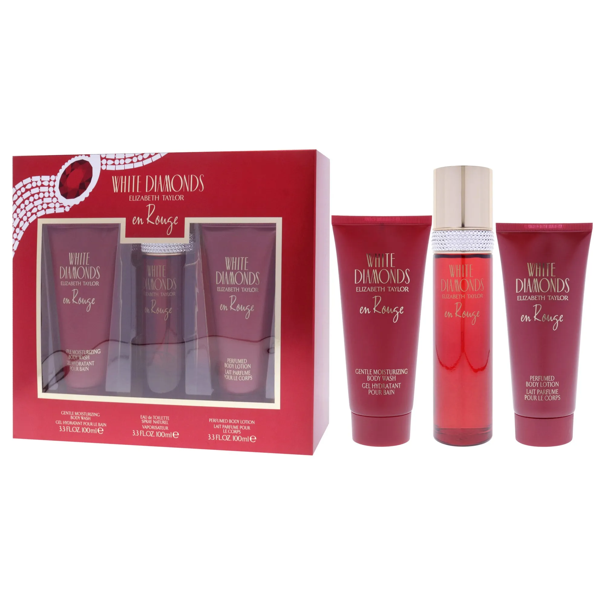 White Diamonds En Rouge by Elizabeth Taylor for Women - 3 Pc Gift Set 3.3oz EDT Spray, 3.3oz Body Lotion, 3.3oz Body Wash