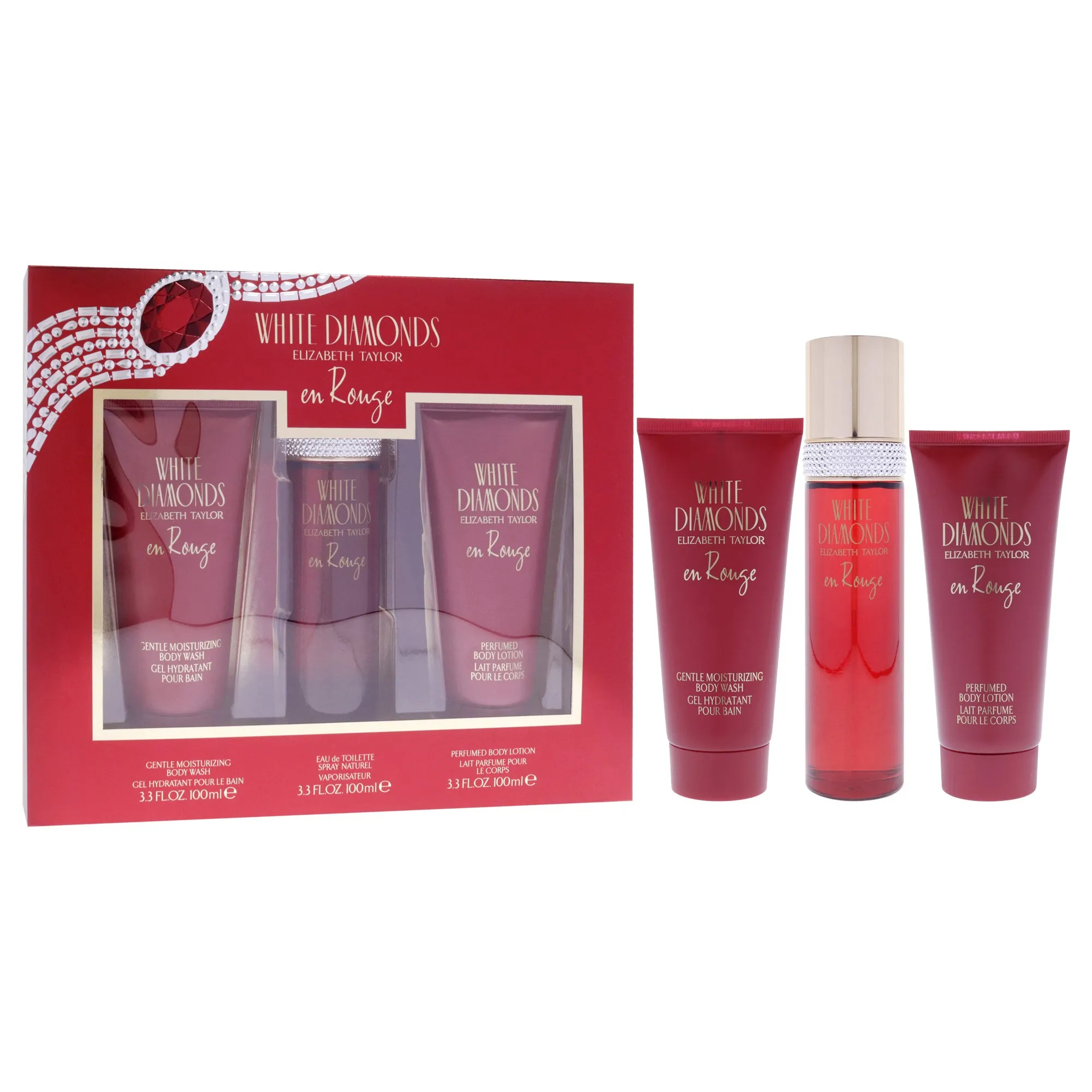 White Diamonds En Rouge by Elizabeth Taylor for Women - 3 Pc Gift Set 3.3oz EDT Spray, 3.3oz Body Lotion, 3.3oz Body Wash