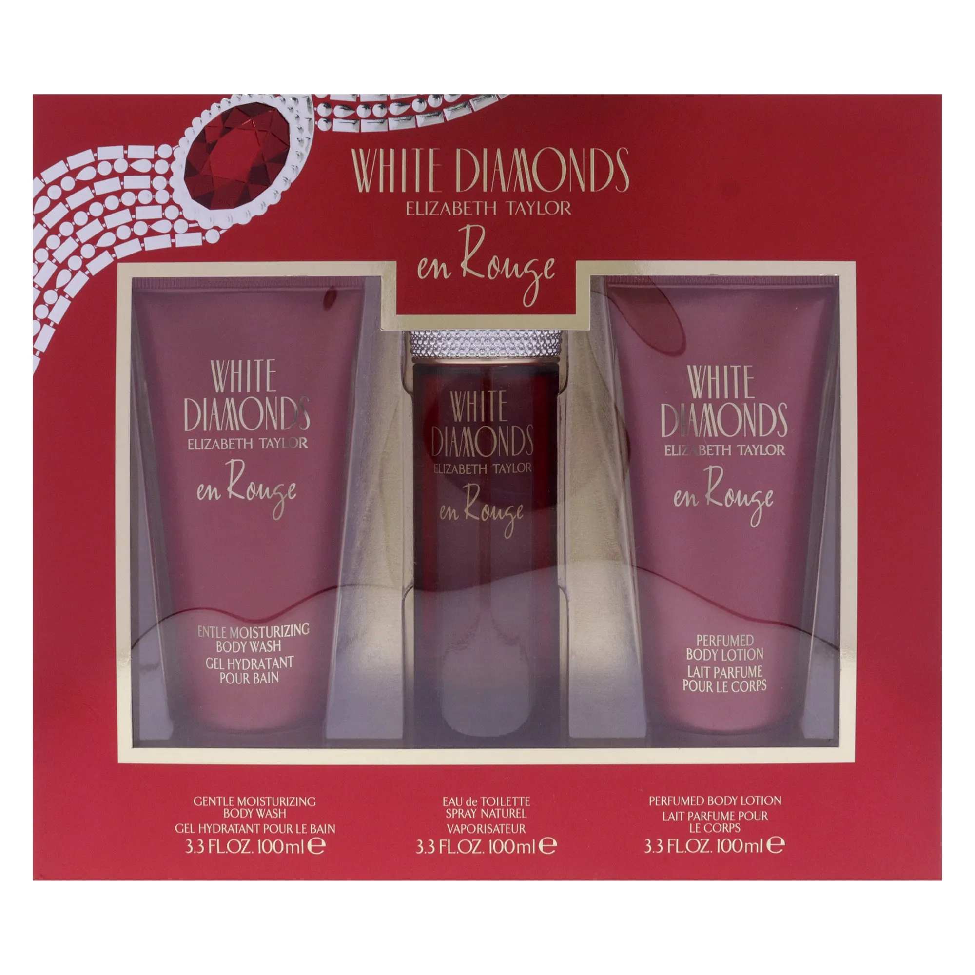 White Diamonds En Rouge by Elizabeth Taylor for Women - 3 Pc Gift Set 3.3oz EDT Spray, 3.3oz Body Lotion, 3.3oz Body Wash
