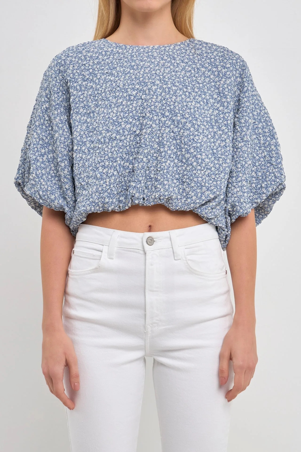Women Woven Cropped Puff Blouse